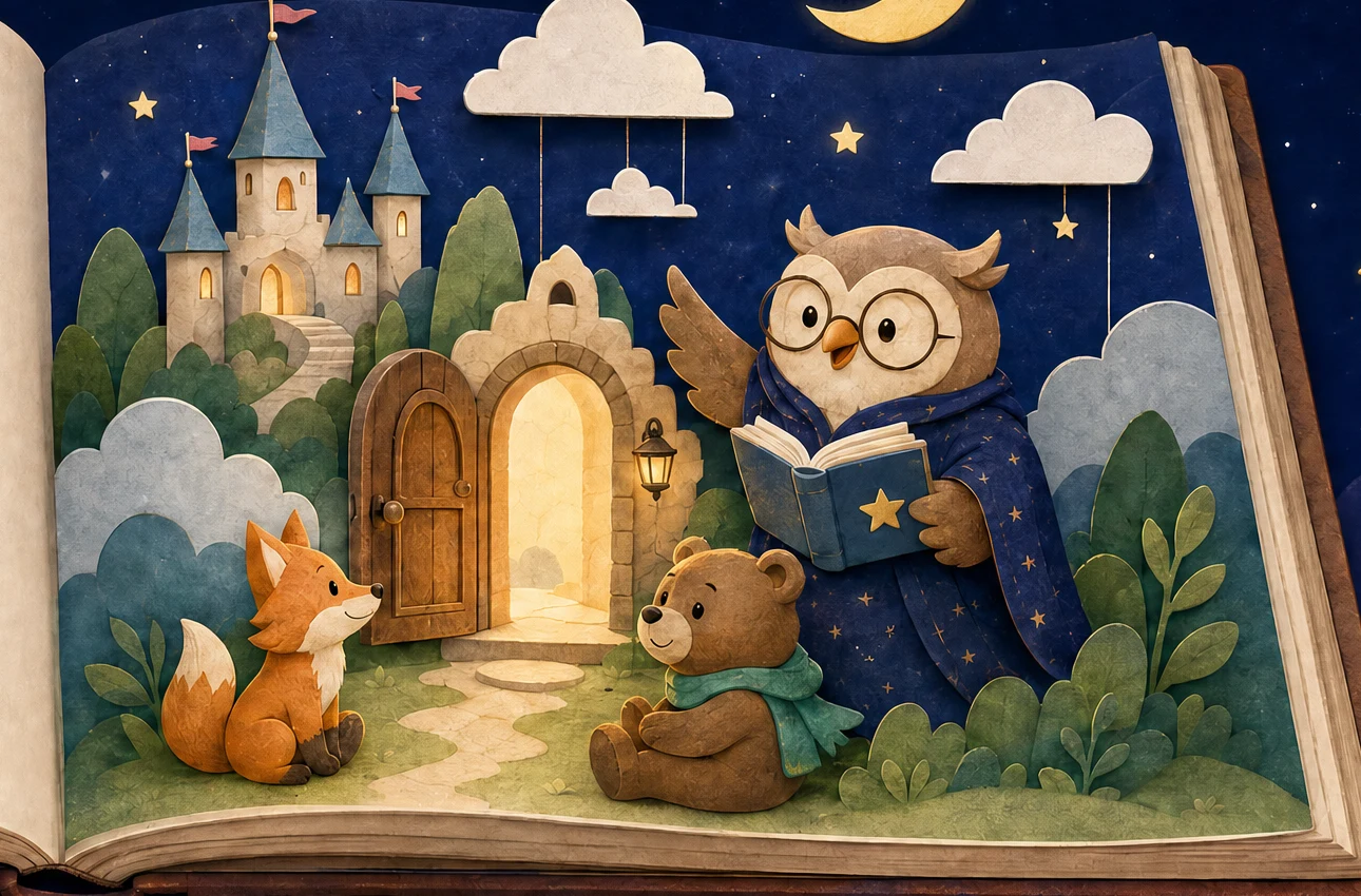 Сова-сказочница читает книгу лисёнку и медвежонку у волшебного замка